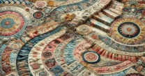A beautiful hand-woven patchwork carpet featuring a mix of vibrant patterns and textures.